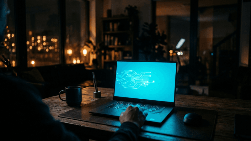 Laptop aperto su una scrivania con schermo luminoso in ambiente scuro, simbolo di un sito web professionale