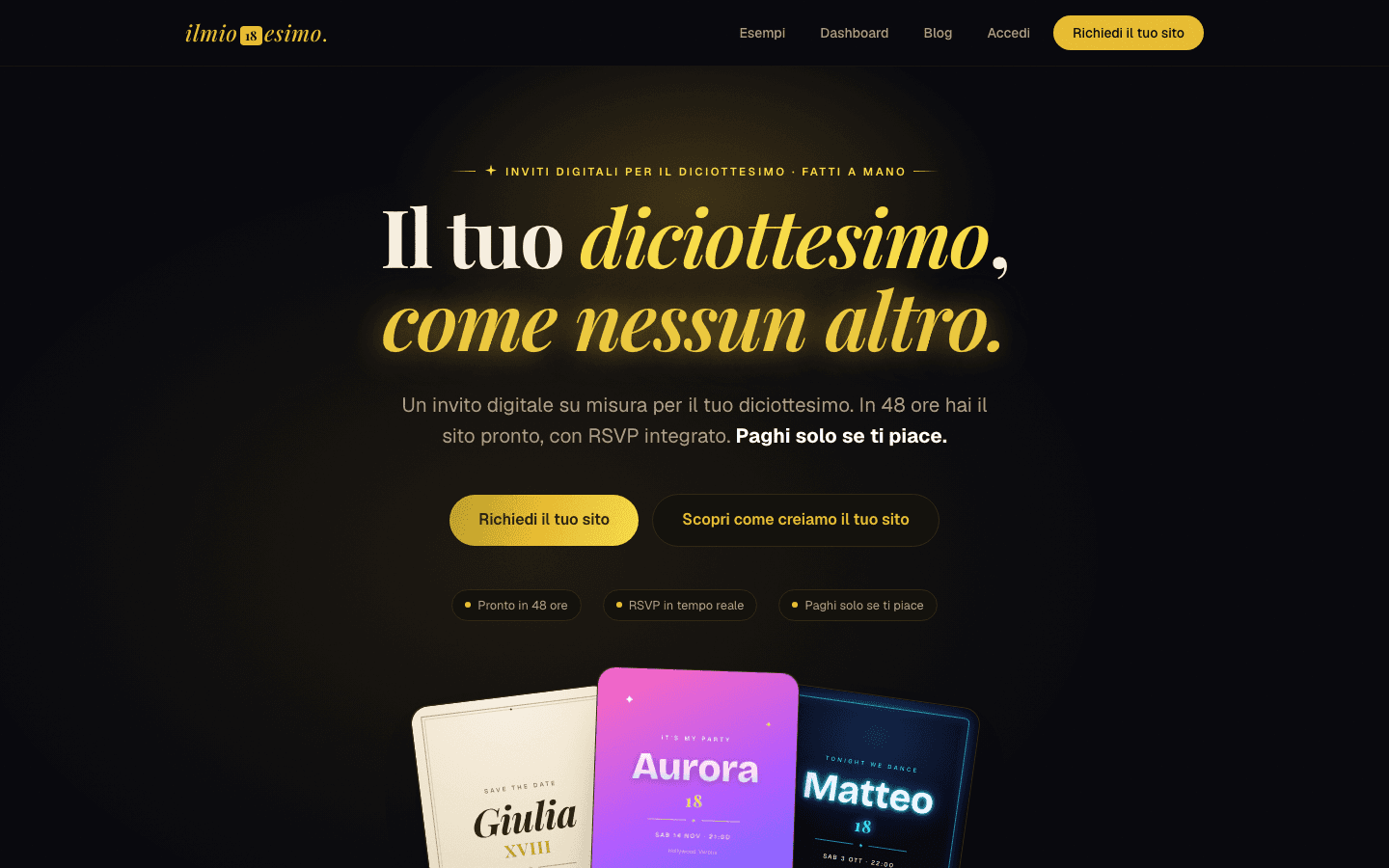 Homepage ilmiodiciottesimo.com: invito digitale su misura per il diciottesimo, pronto in 48 ore