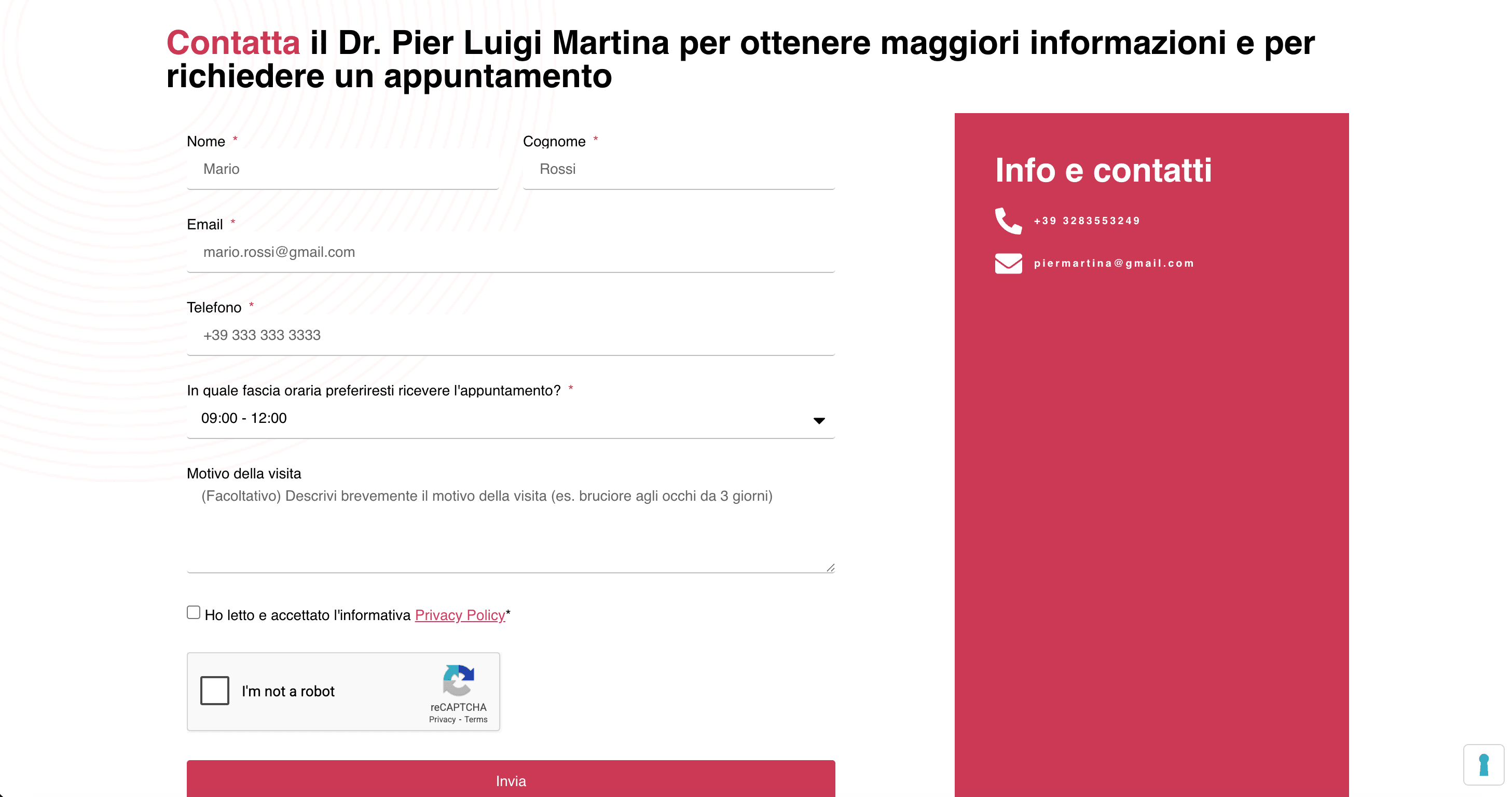 Sezione contatti dello studio su martinapierluigioculista.it