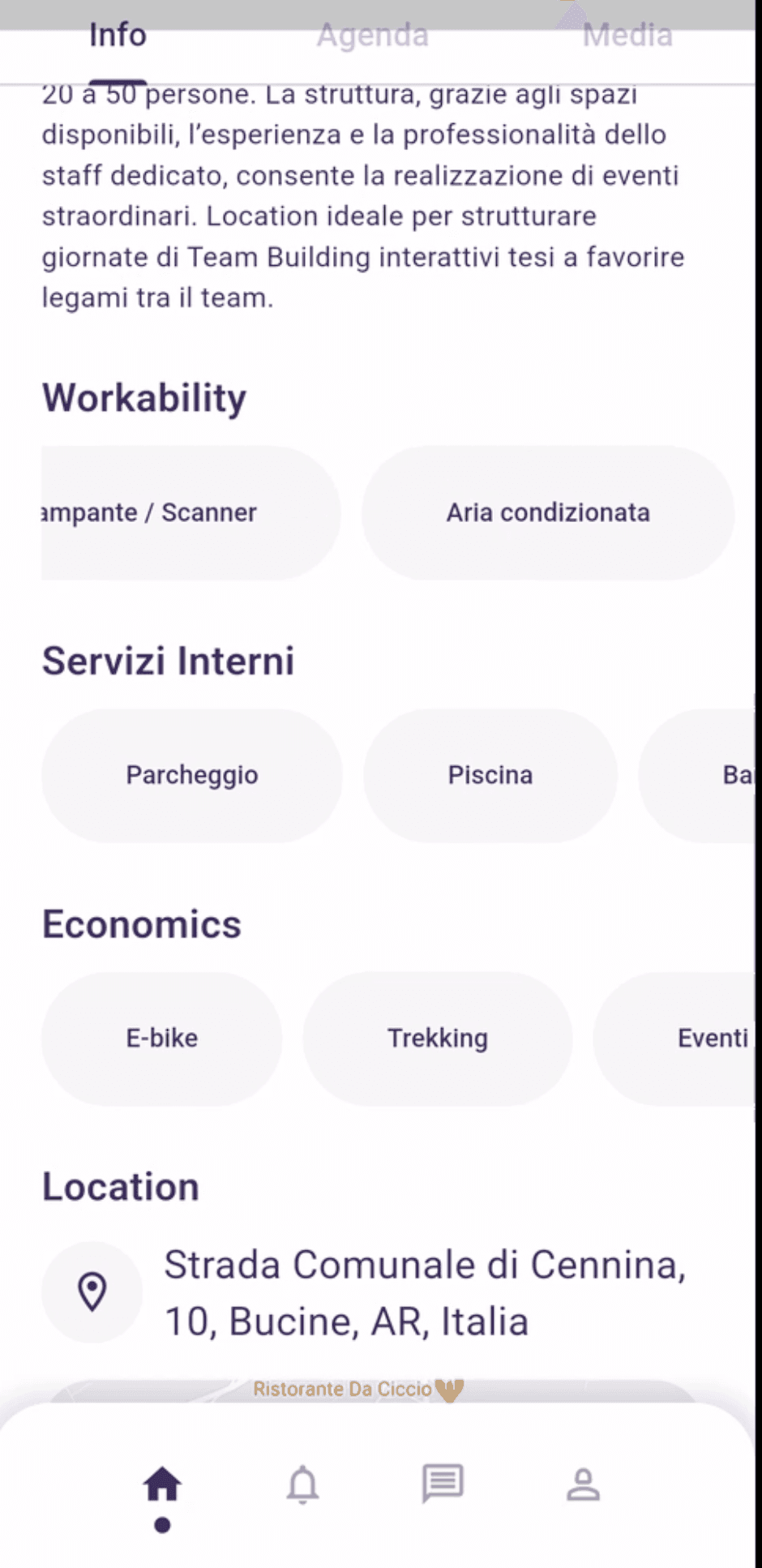 Schermata dettaglio location app SMACE Flutter: workability, servizi interni e info struttura per offsite aziendale