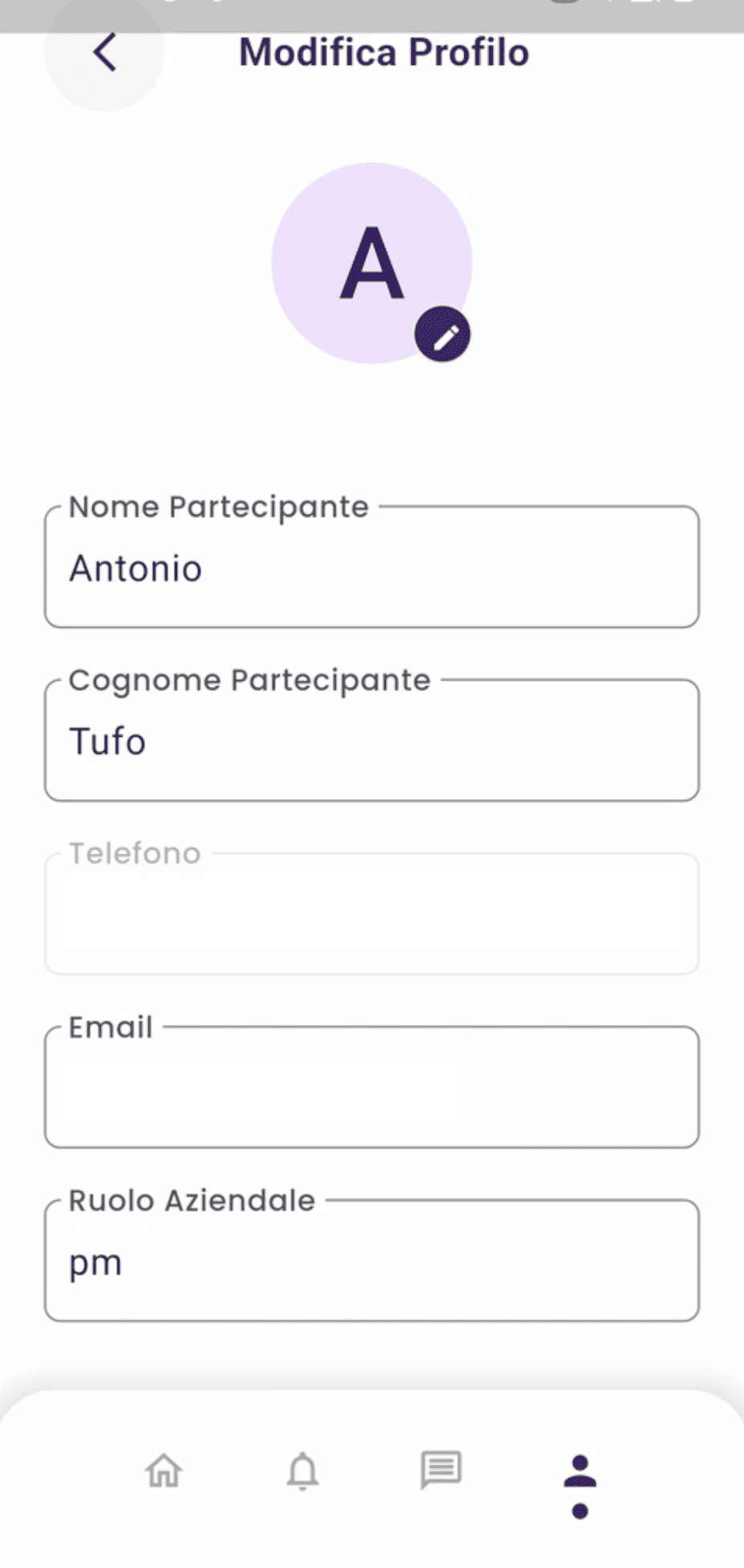 Schermata profilo partecipante SMACE app Flutter: gestione ruolo aziendale e dati personali per offsite B2B
